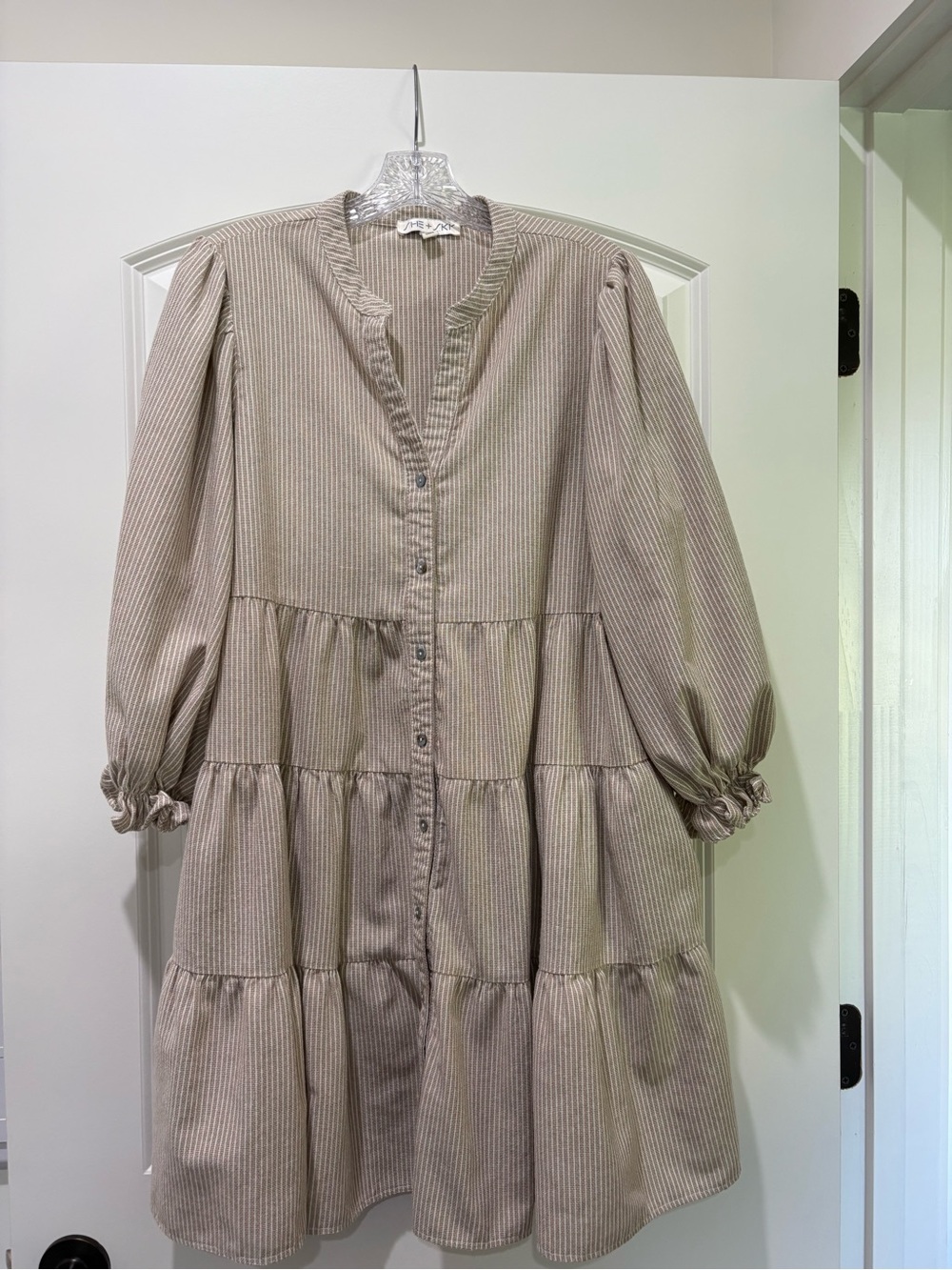 She + Sky Beige Striped Tiered Button-Front Long Sleeve Dress